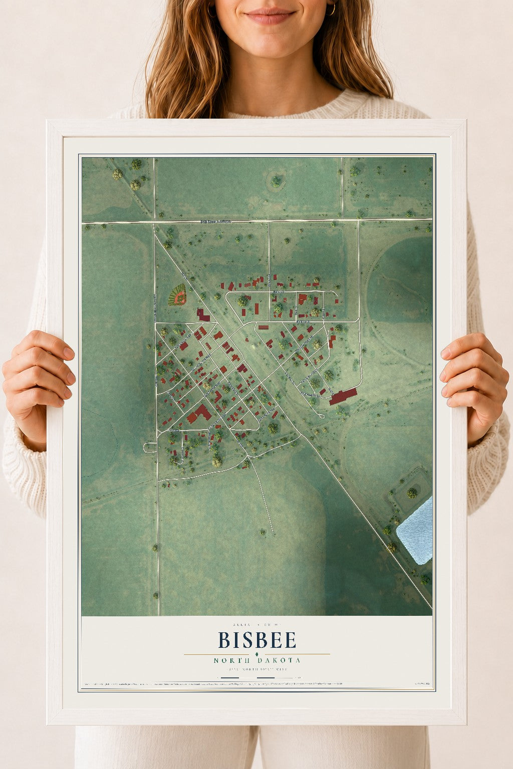 Map of Bisbee, North Dakota, 18 x 24 inch print in a white wood frame