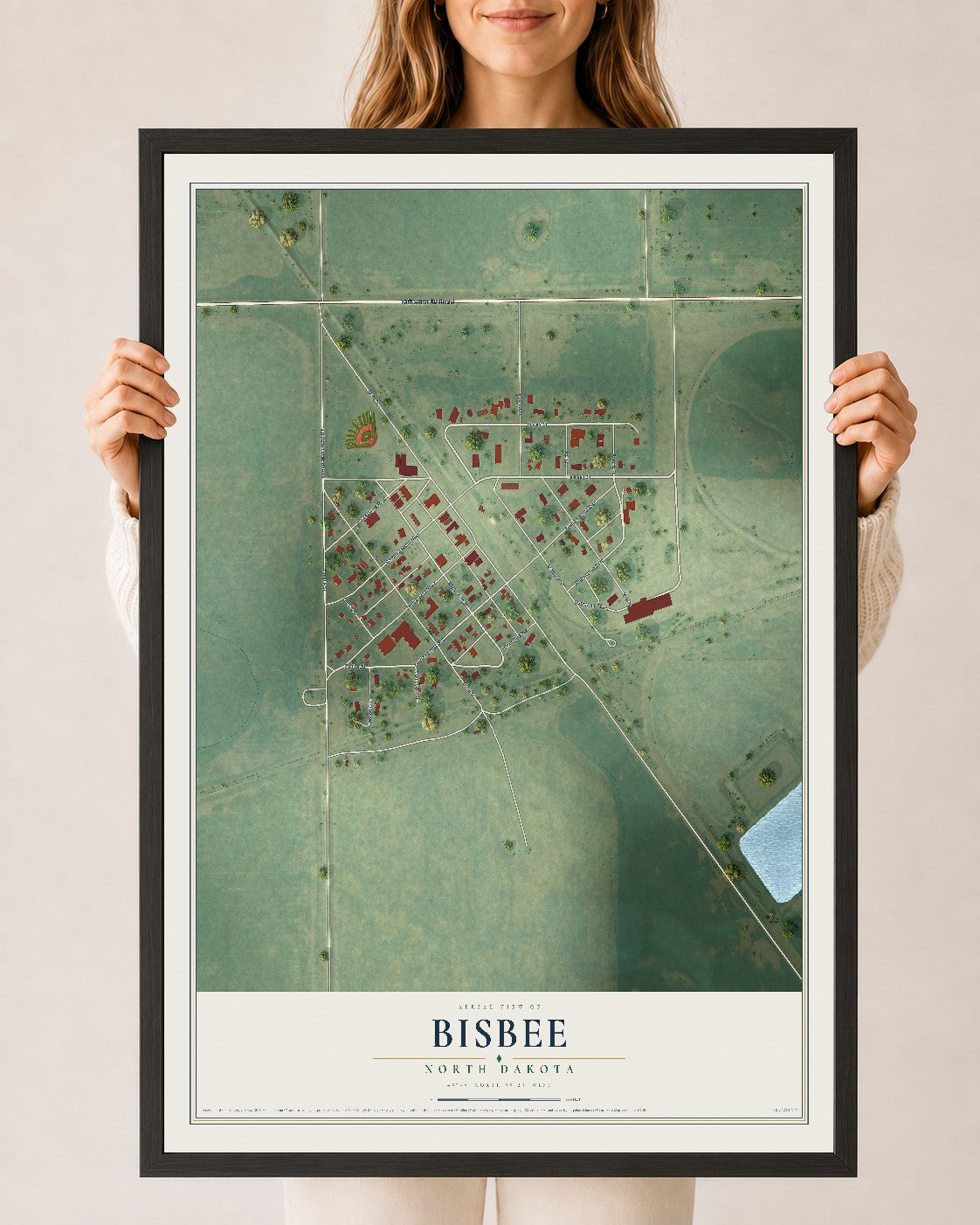Map of Bisbee, North Dakota, 24 x 36 inch print in a black wood frame