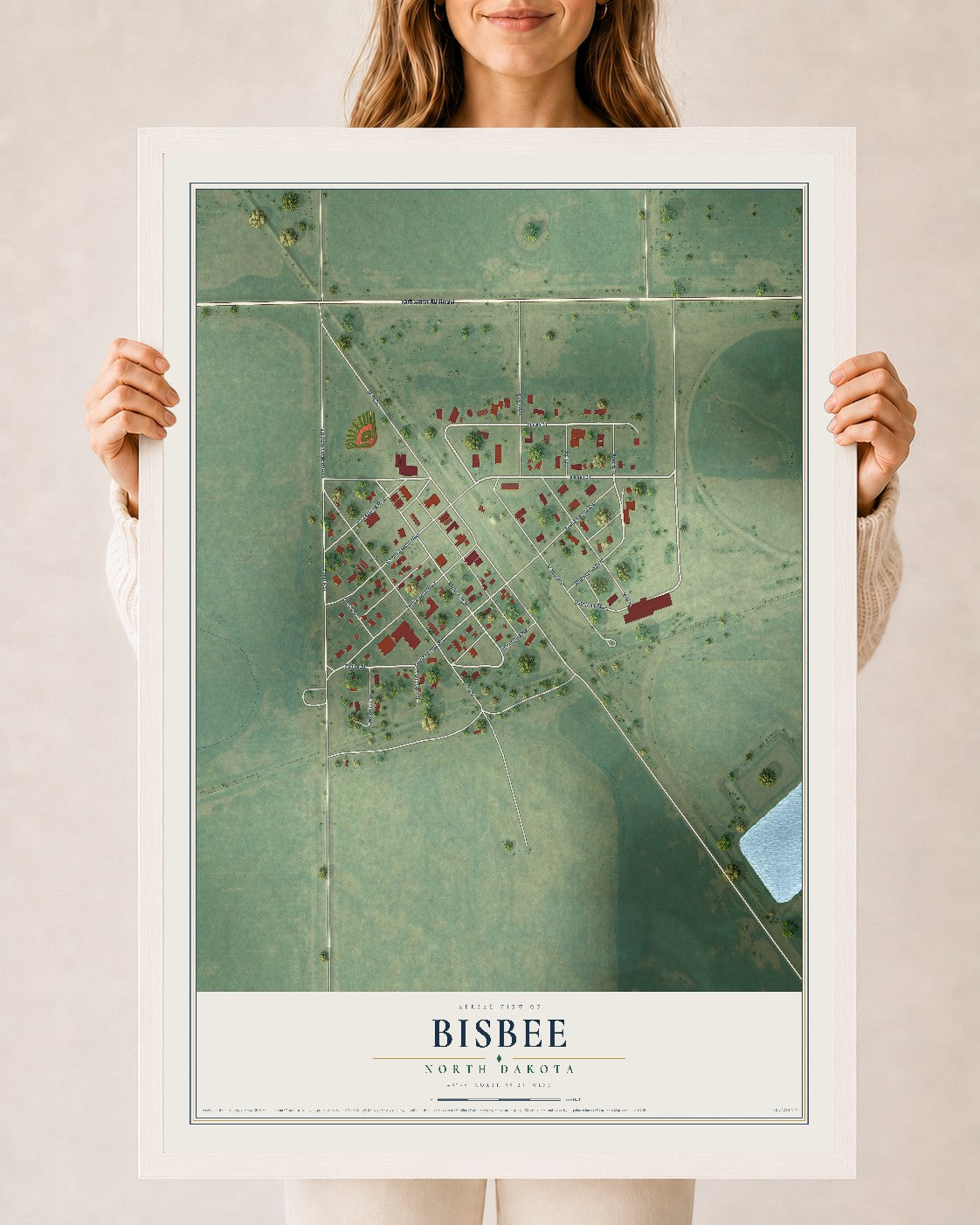 Map of Bisbee, North Dakota, 24 x 36 inch print in a white wood frame