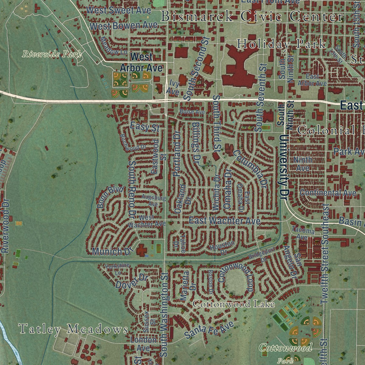 Second close-up of the map of Bismarck, North Dakota print showing more streets and buildings