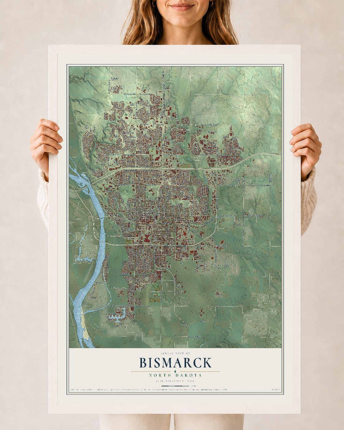 Map of Bismarck, North Dakota, 24 x 36 inch print in a white wood frame