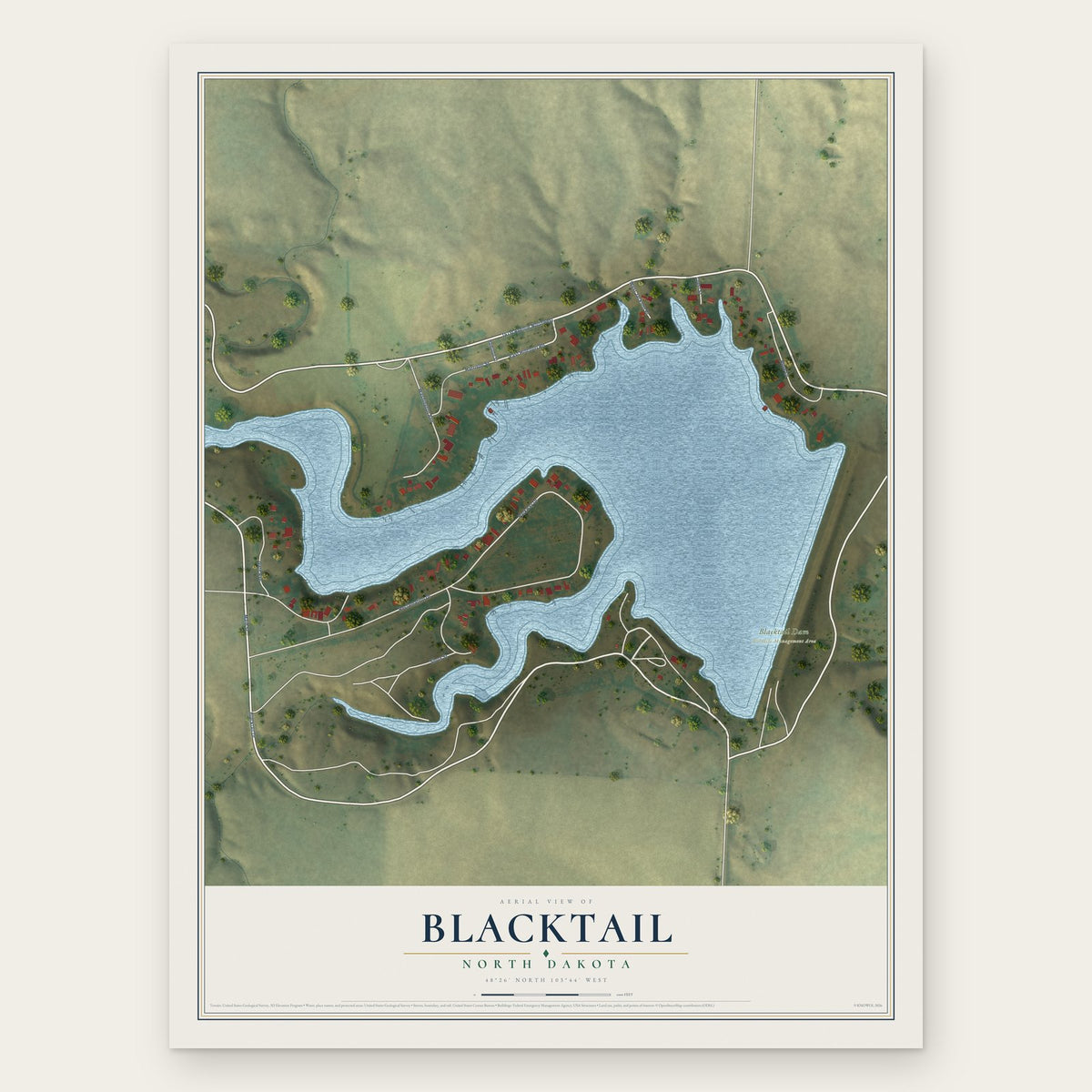 Blacktail, North Dakota map print, the full design