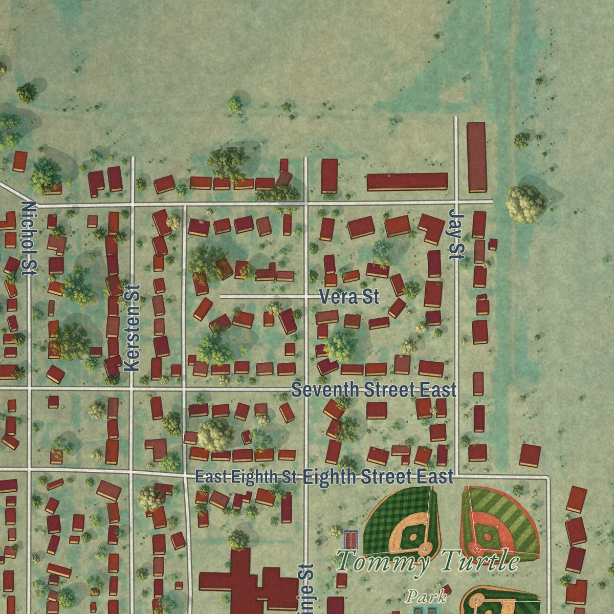 Second close-up of the map of Bottineau, North Dakota print showing more streets and buildings