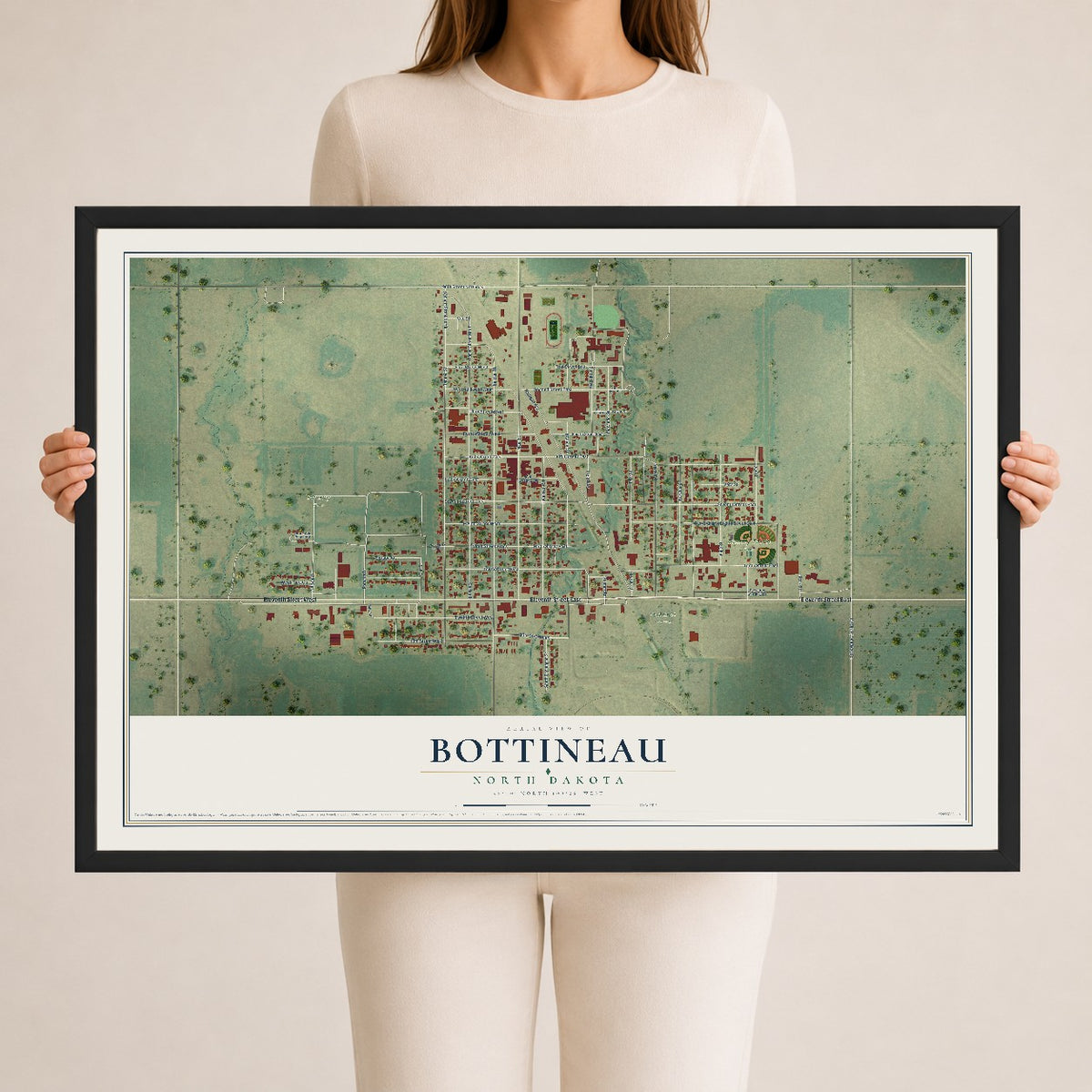 Map of Bottineau, North Dakota, 24 x 36 inch print in a black wood frame