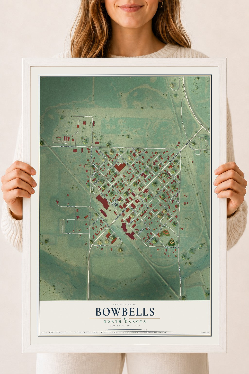 Map of Bowbells, North Dakota, 18 x 24 inch print in a white wood frame