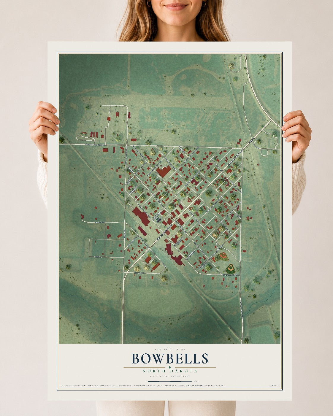 Map of Bowbells, North Dakota, 24 x 36 inch unframed archival matte print