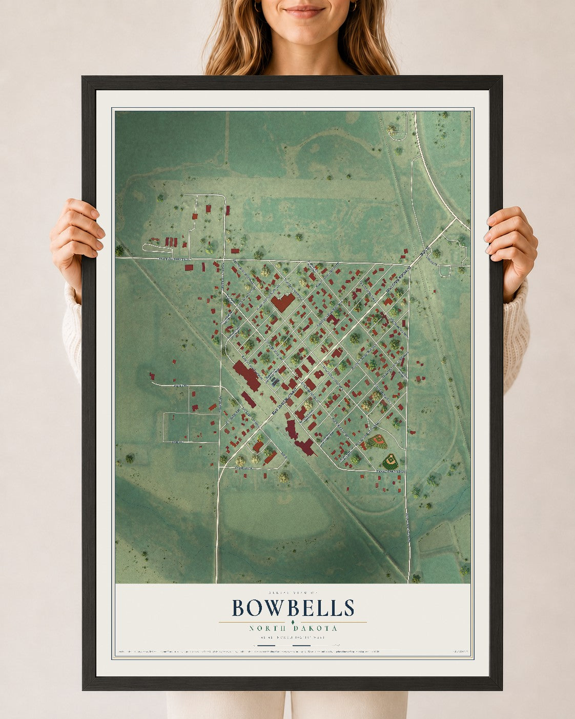 Map of Bowbells, North Dakota, 24 x 36 inch print in a black wood frame