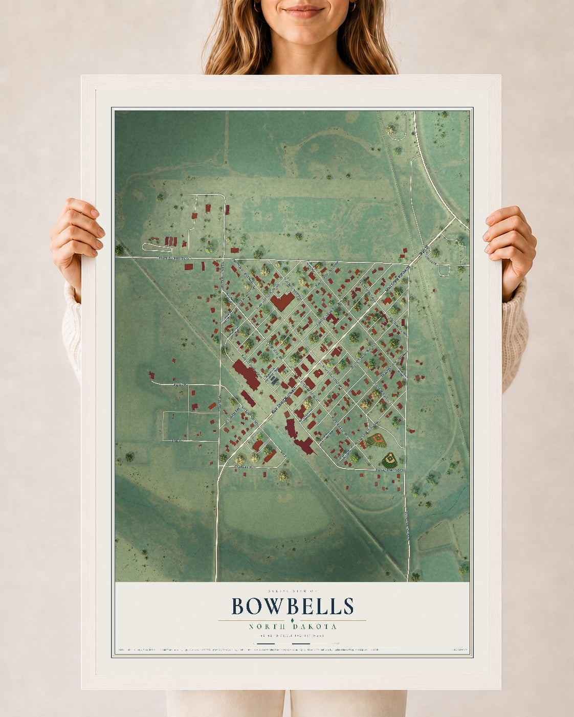 Map of Bowbells, North Dakota, 24 x 36 inch print in a white wood frame