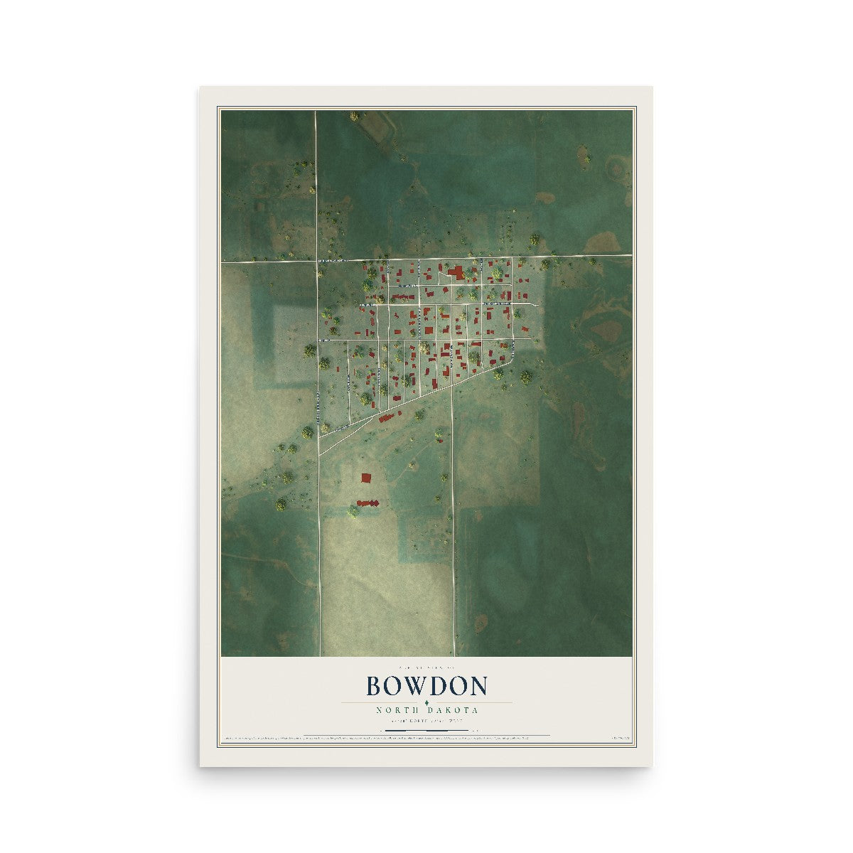 Map of Bowdon, North Dakota, 12 x 18 inch unframed archival matte print