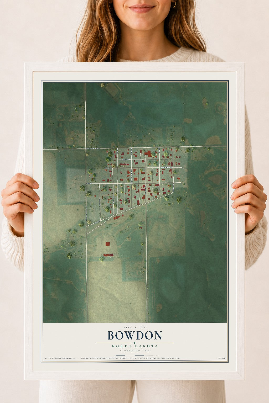 Map of Bowdon, North Dakota, 18 x 24 inch print in a white wood frame