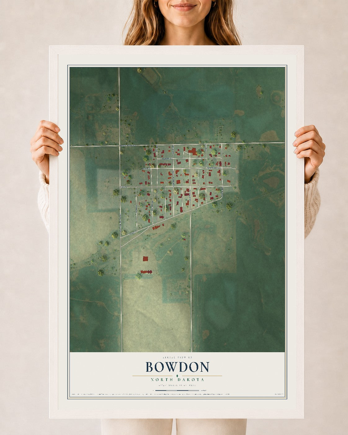 Map of Bowdon, North Dakota, 24 x 36 inch print in a white wood frame