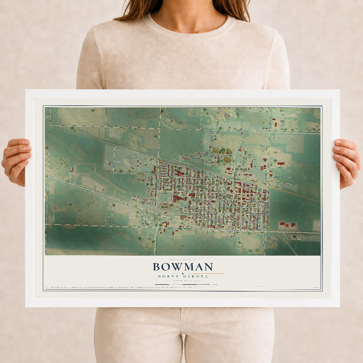 Map of Bowman, North Dakota, 12 x 18 inch print in a white wood frame