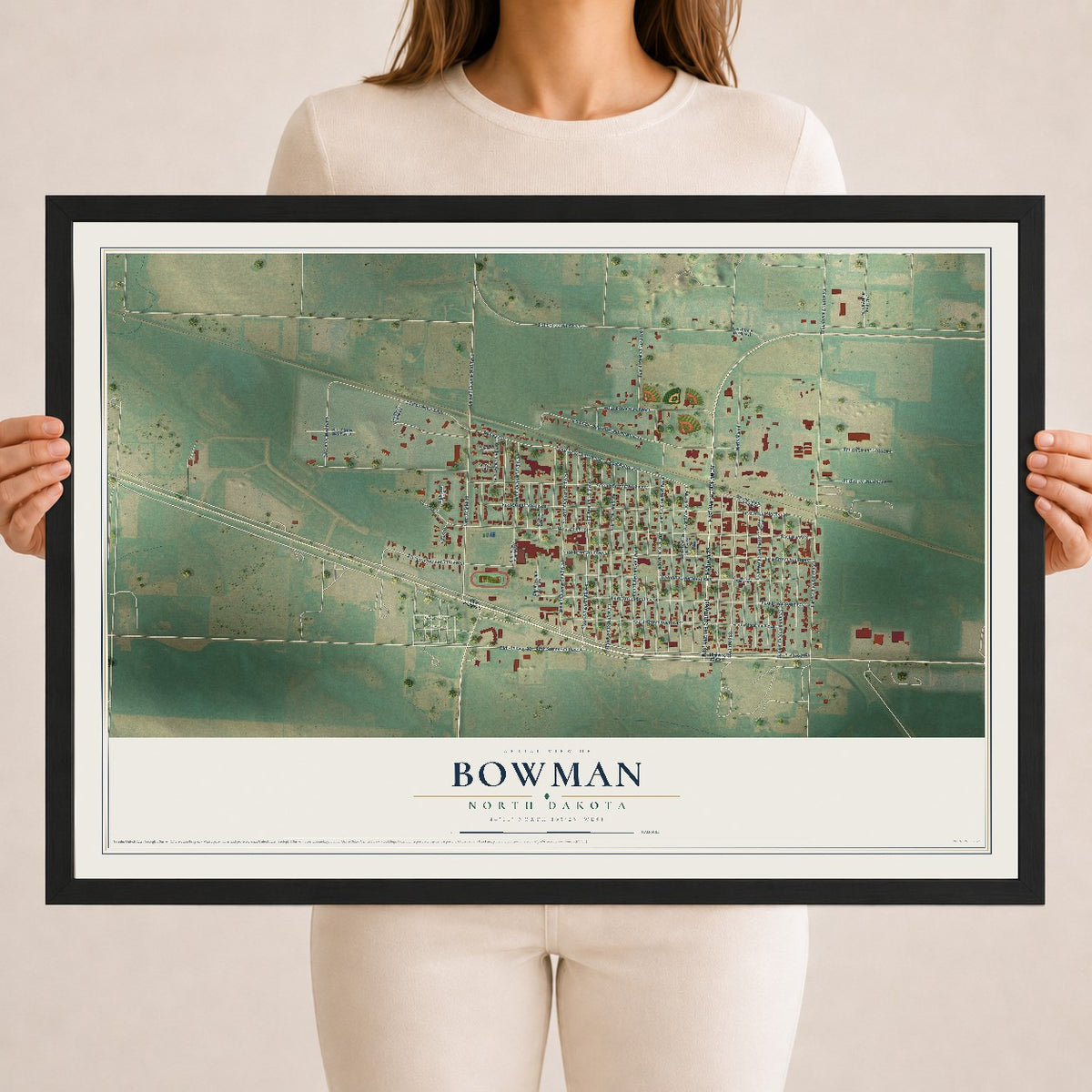Map of Bowman, North Dakota, 18 x 24 inch print in a black wood frame