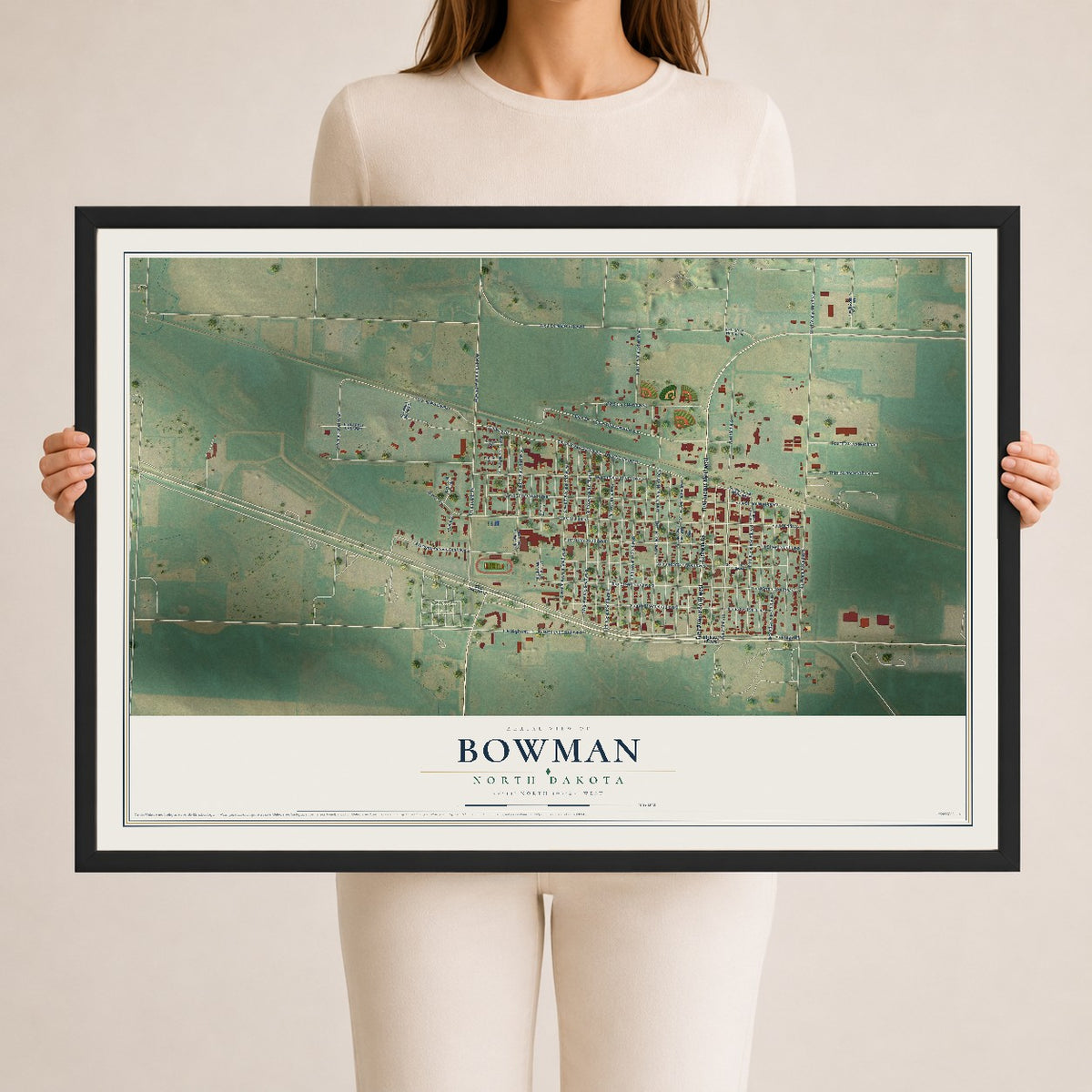Map of Bowman, North Dakota, 24 x 36 inch print in a black wood frame