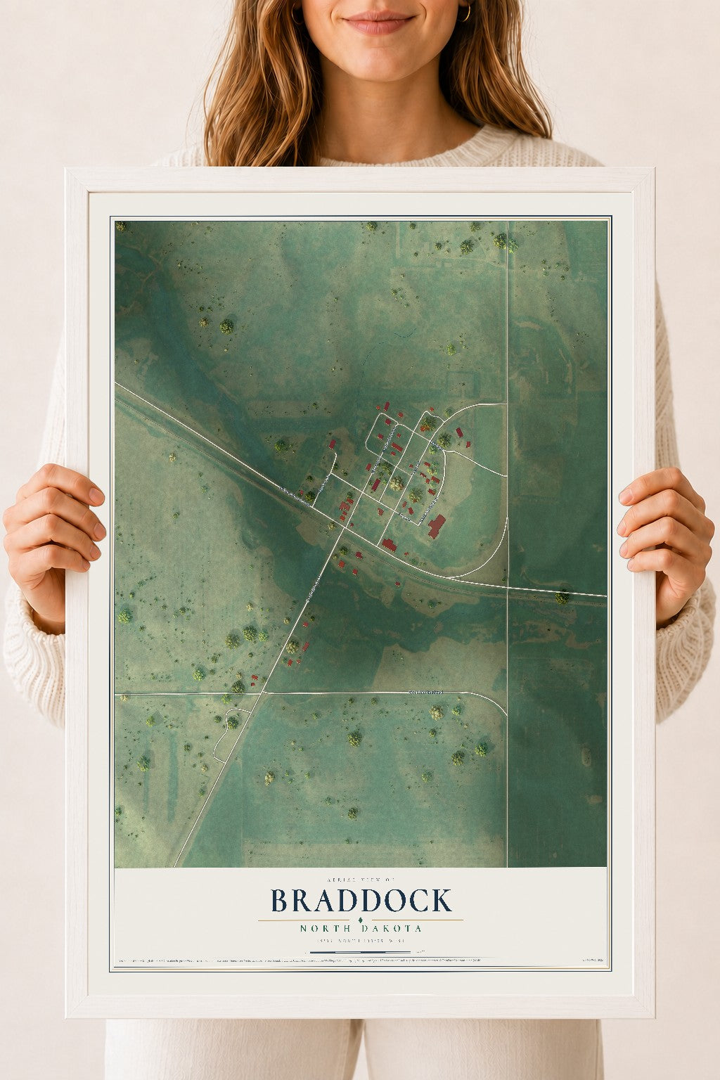Map of Braddock, North Dakota, 18 x 24 inch print in a white wood frame