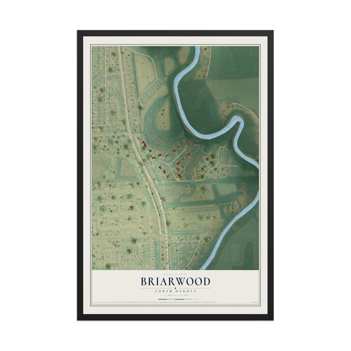 Map of Briarwood, North Dakota, 12 x 18 inch print in a black wood frame
