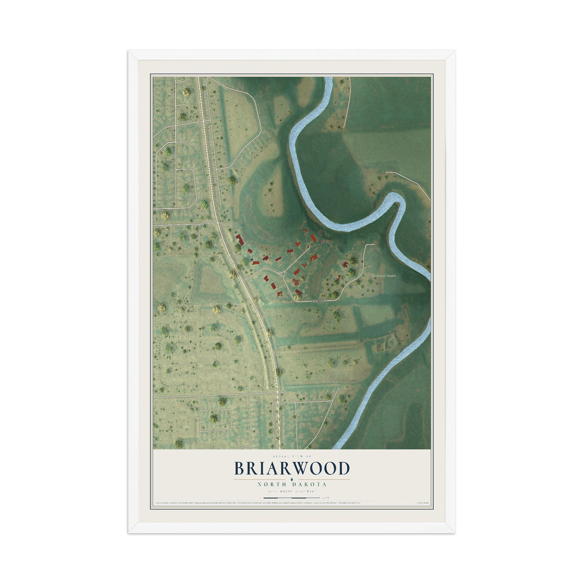 Map of Briarwood, North Dakota, 12 x 18 inch print in a white wood frame