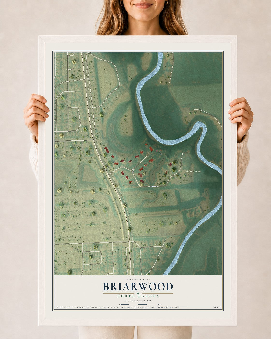 Map of Briarwood, North Dakota, 24 x 36 inch print in a white wood frame