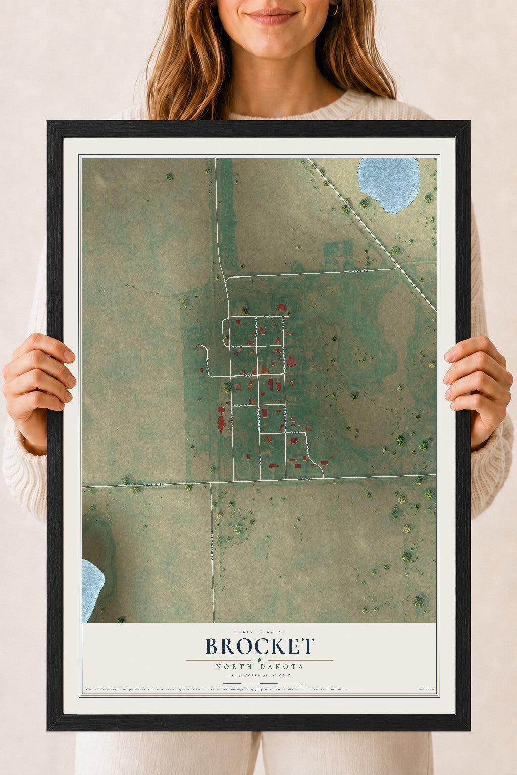 Map of Brocket, North Dakota, 18 x 24 inch print in a black wood frame