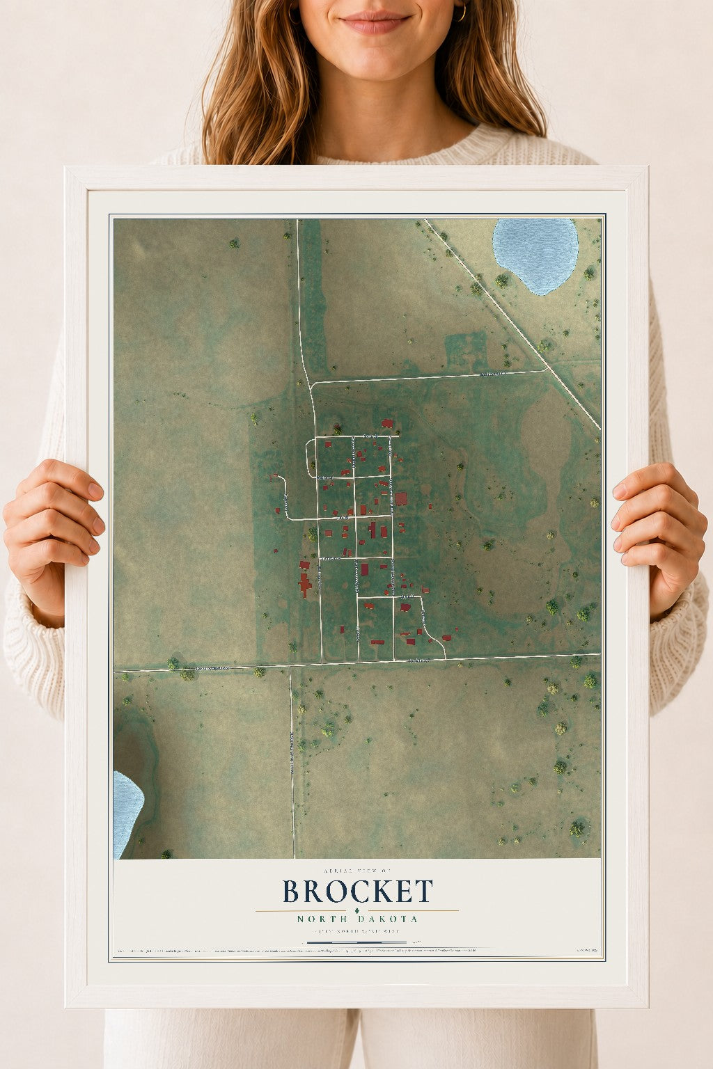 Map of Brocket, North Dakota, 18 x 24 inch print in a white wood frame