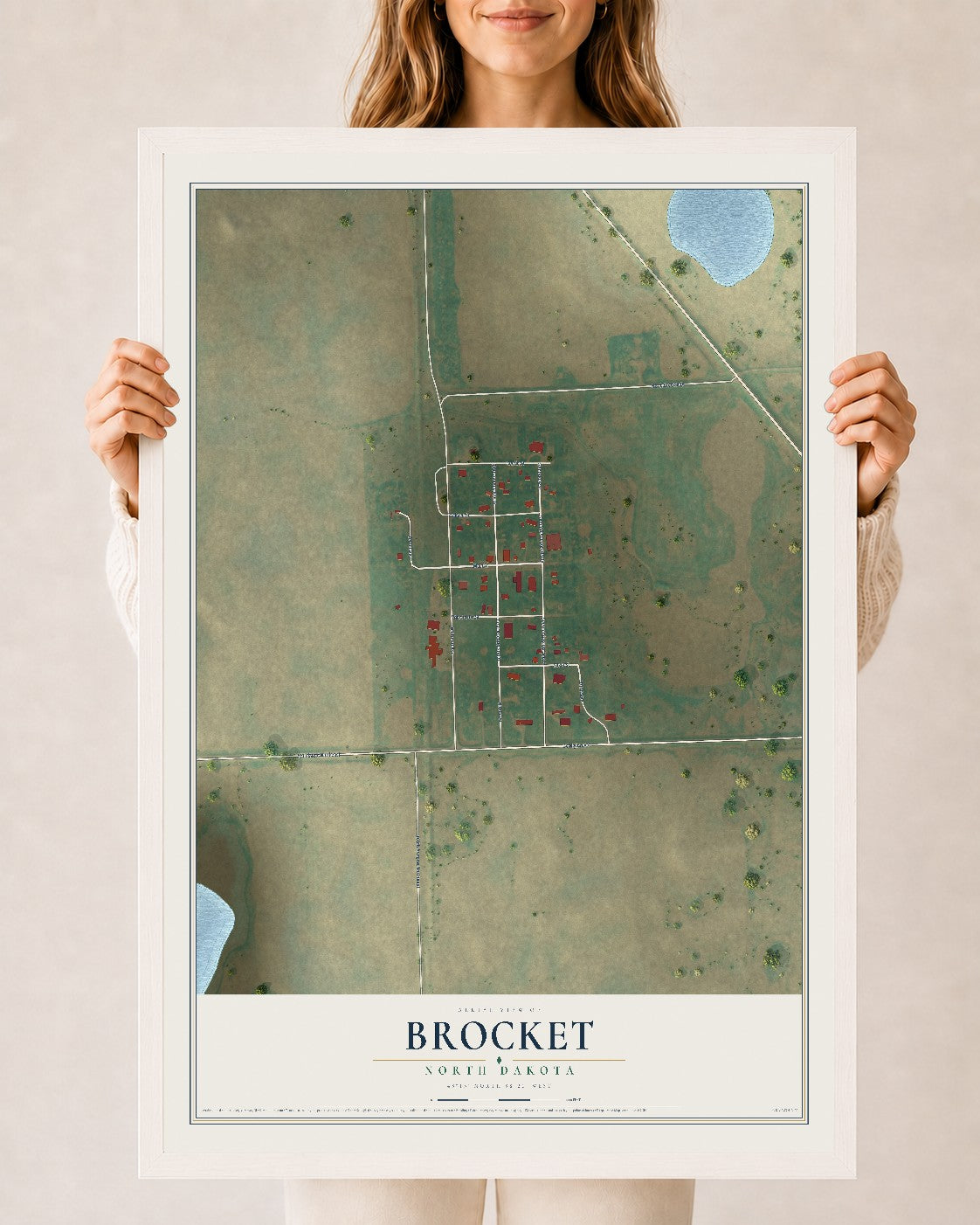 Map of Brocket, North Dakota, 24 x 36 inch print in a white wood frame