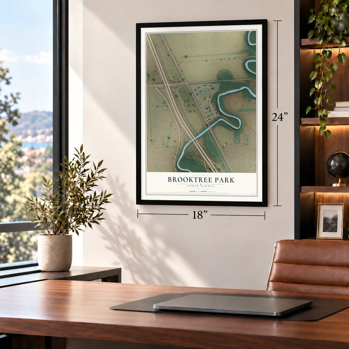 Brooktree Park, North Dakota map, 18 x 24 inch print in a black frame in a home office