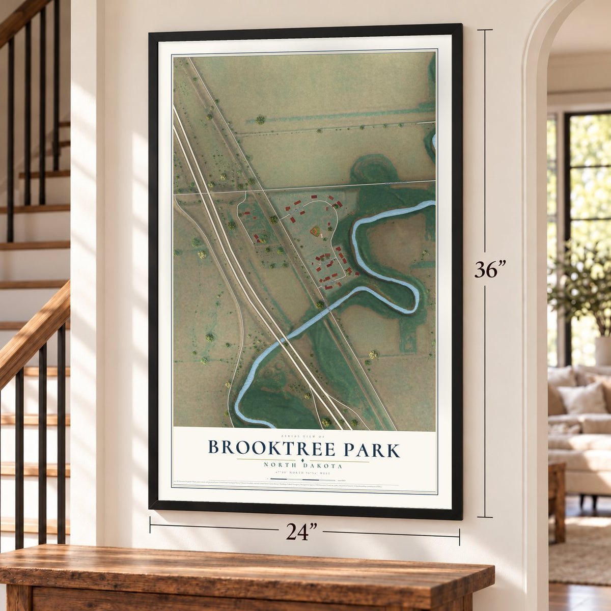 Brooktree Park, North Dakota map, 24 x 36 inch print in a black frame by a staircase