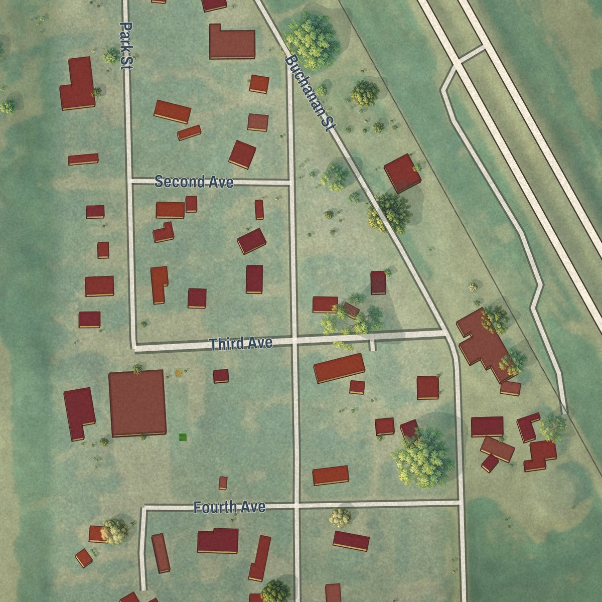 Close-up of the map of Buchanan, North Dakota print showing street and building detail