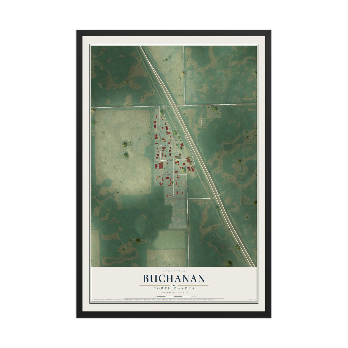 Map of Buchanan, North Dakota, 12 x 18 inch print in a black wood frame