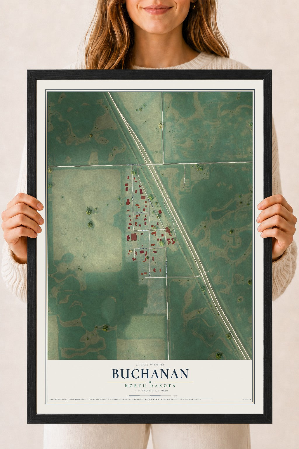 Map of Buchanan, North Dakota, 18 x 24 inch print in a black wood frame
