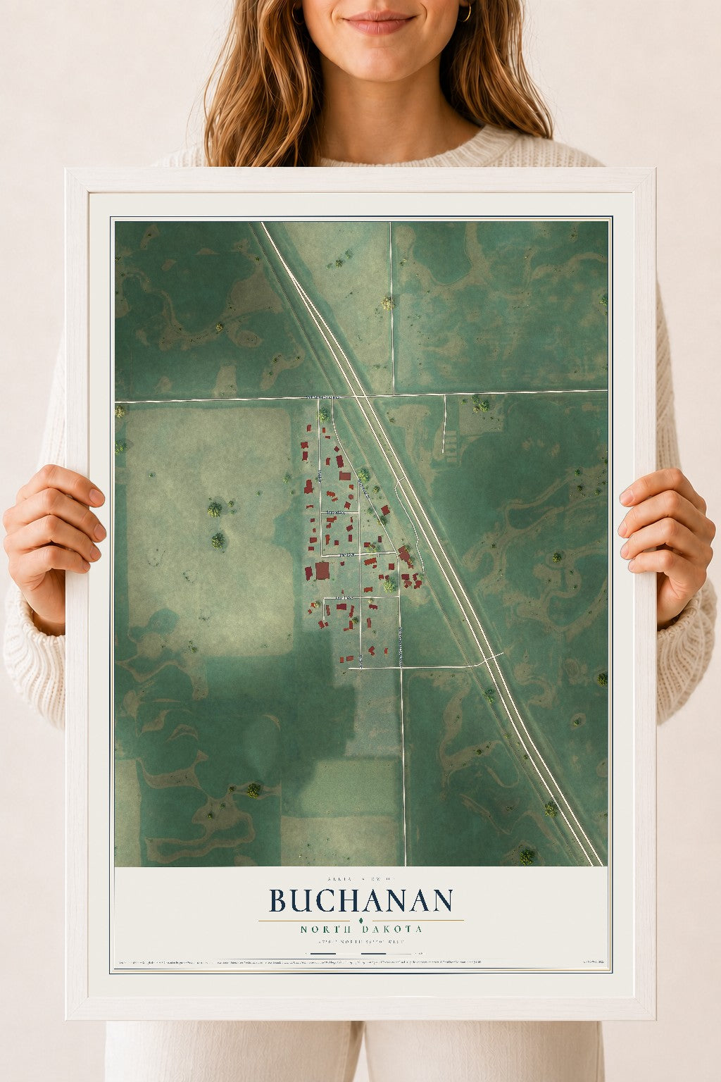 Map of Buchanan, North Dakota, 18 x 24 inch print in a white wood frame