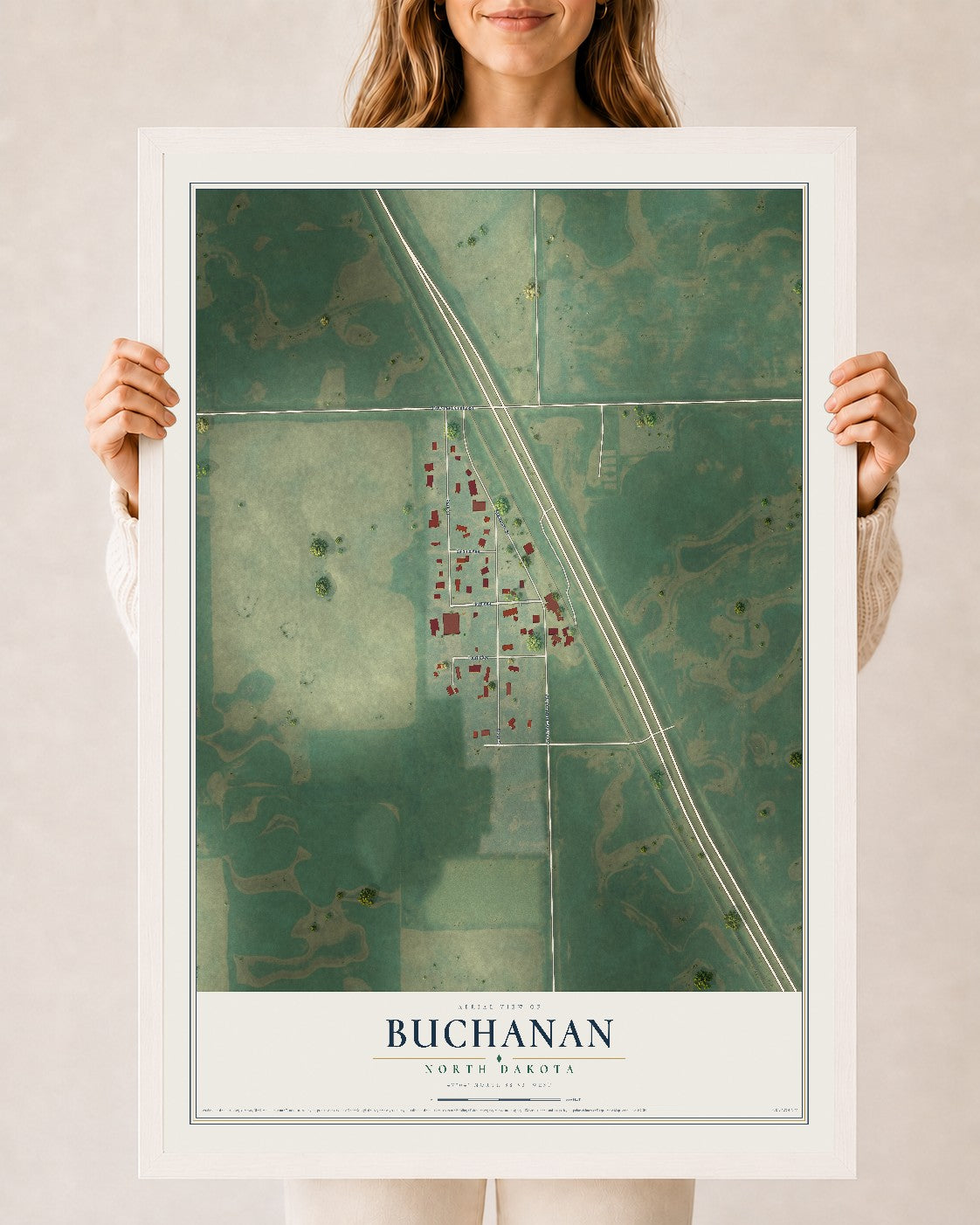 Map of Buchanan, North Dakota, 24 x 36 inch print in a white wood frame