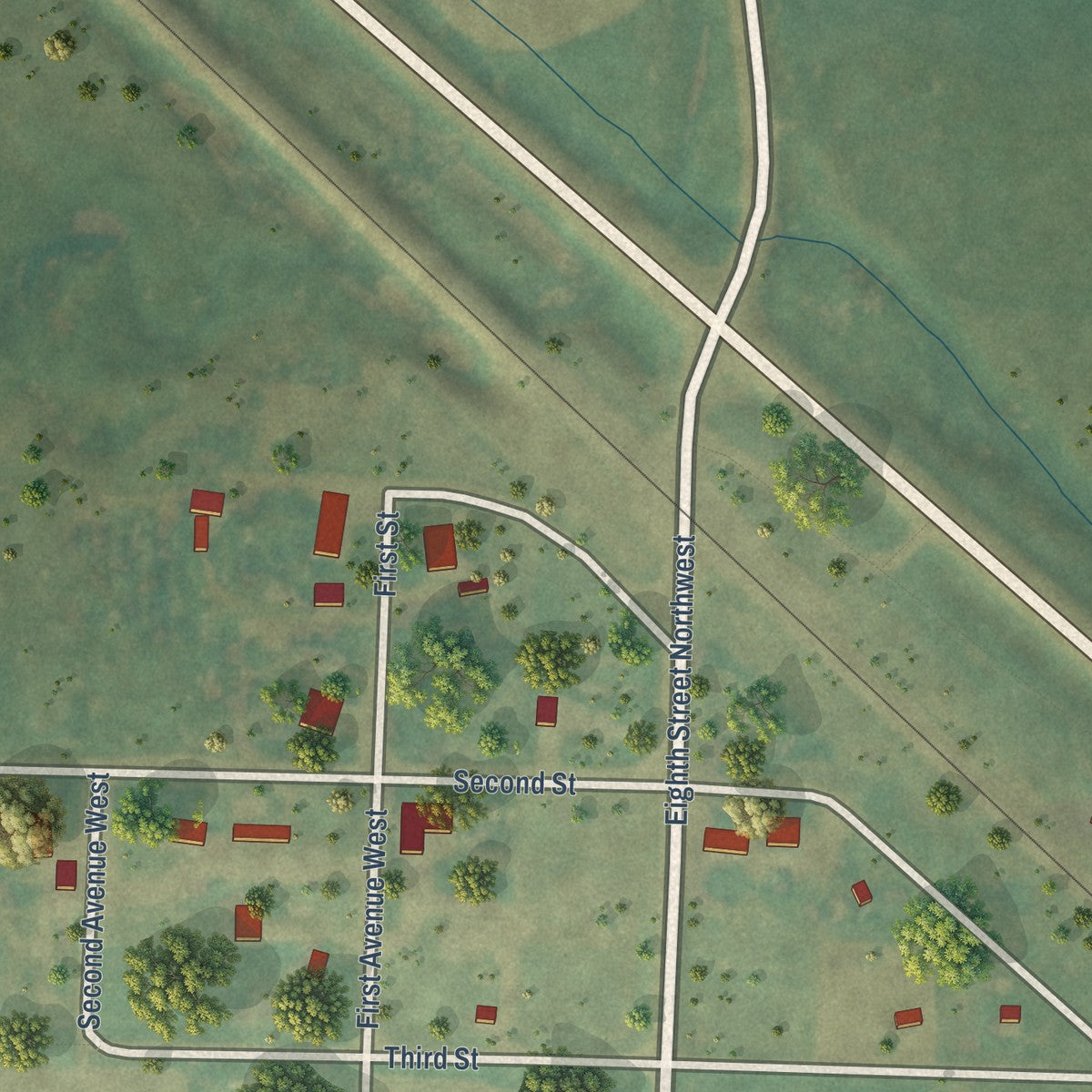 Close-up of the map of Bucyrus, North Dakota print showing street and building detail
