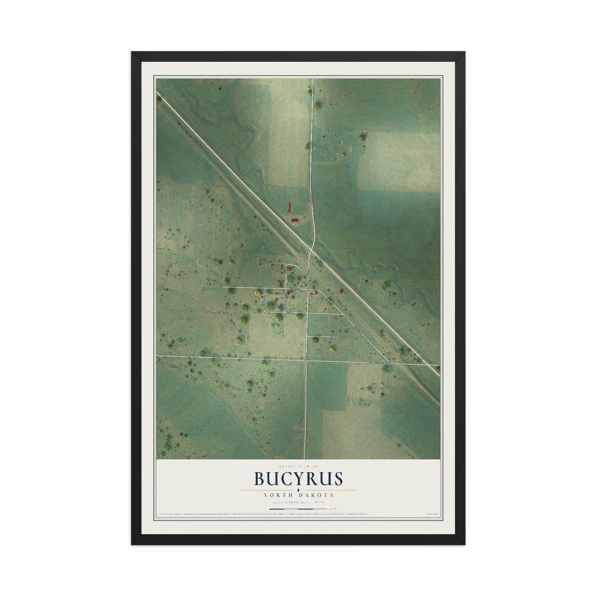 Map of Bucyrus, North Dakota, 12 x 18 inch print in a black wood frame