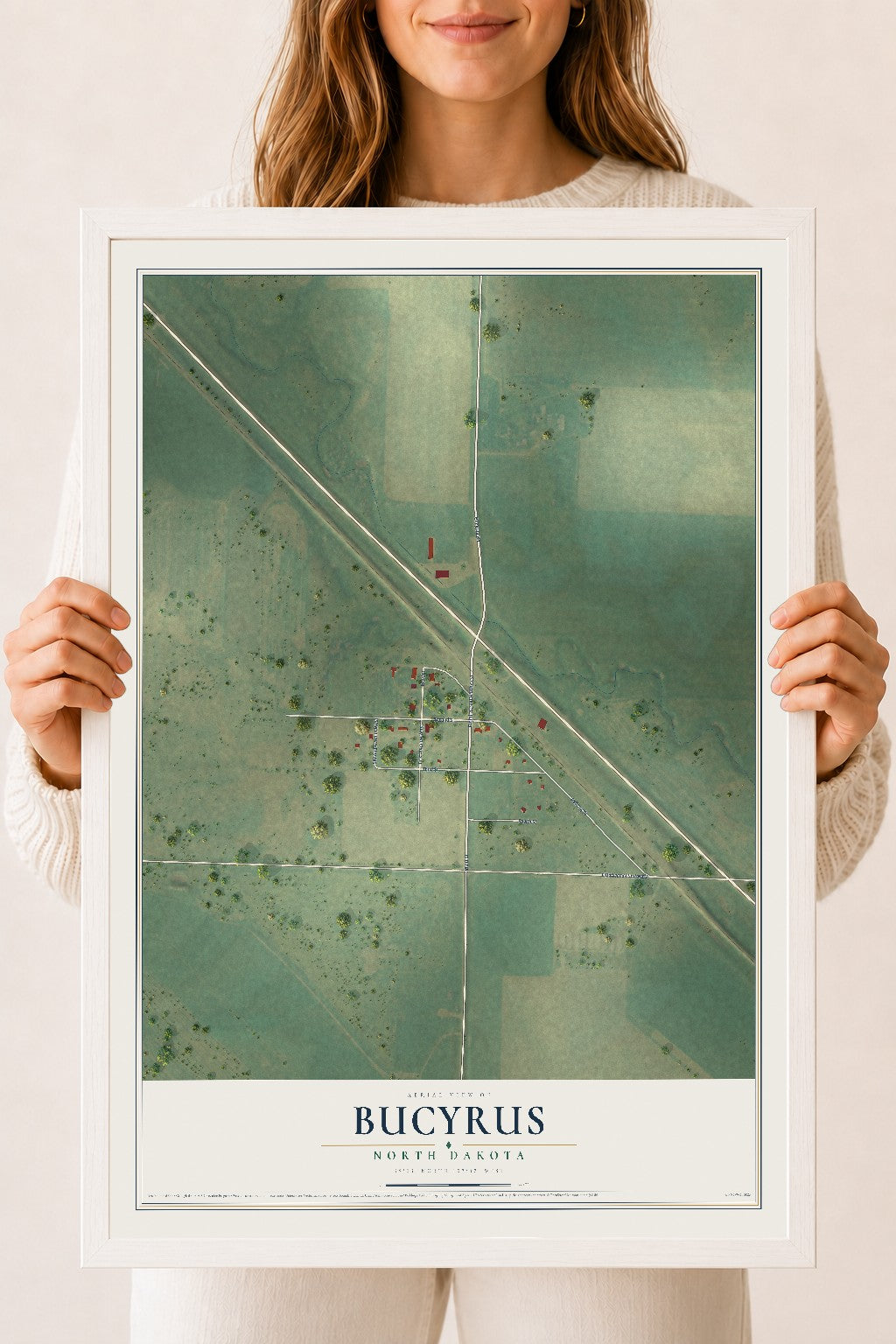 Map of Bucyrus, North Dakota, 18 x 24 inch print in a white wood frame