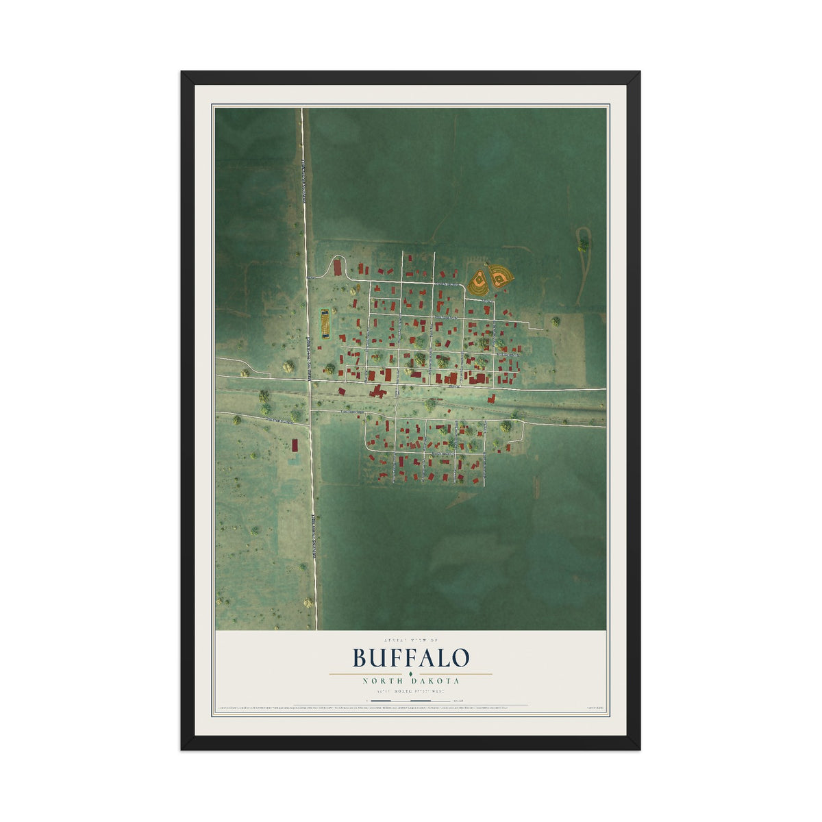 Map of Buffalo, North Dakota, 12 x 18 inch print in a black wood frame