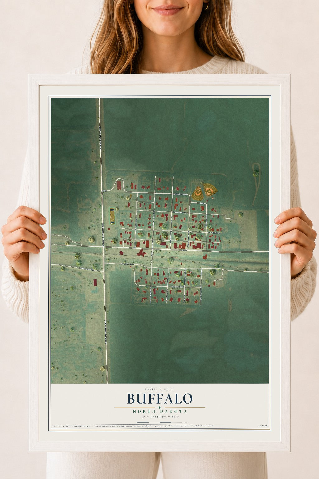 Map of Buffalo, North Dakota, 18 x 24 inch print in a white wood frame