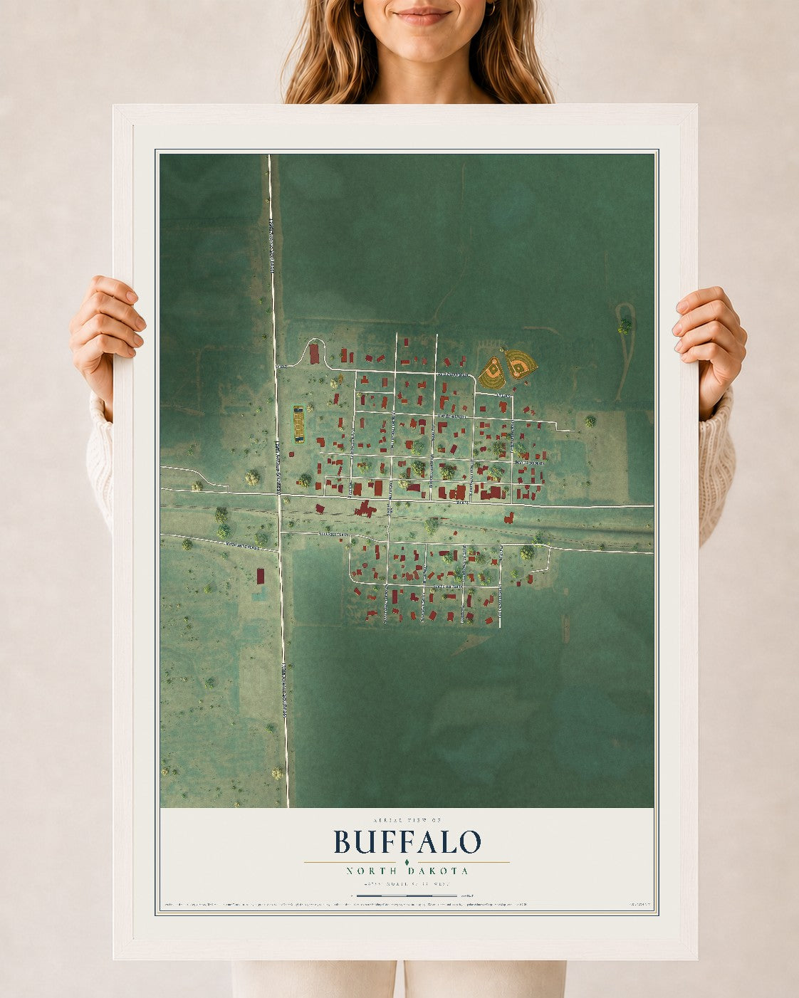 Map of Buffalo, North Dakota, 24 x 36 inch print in a white wood frame