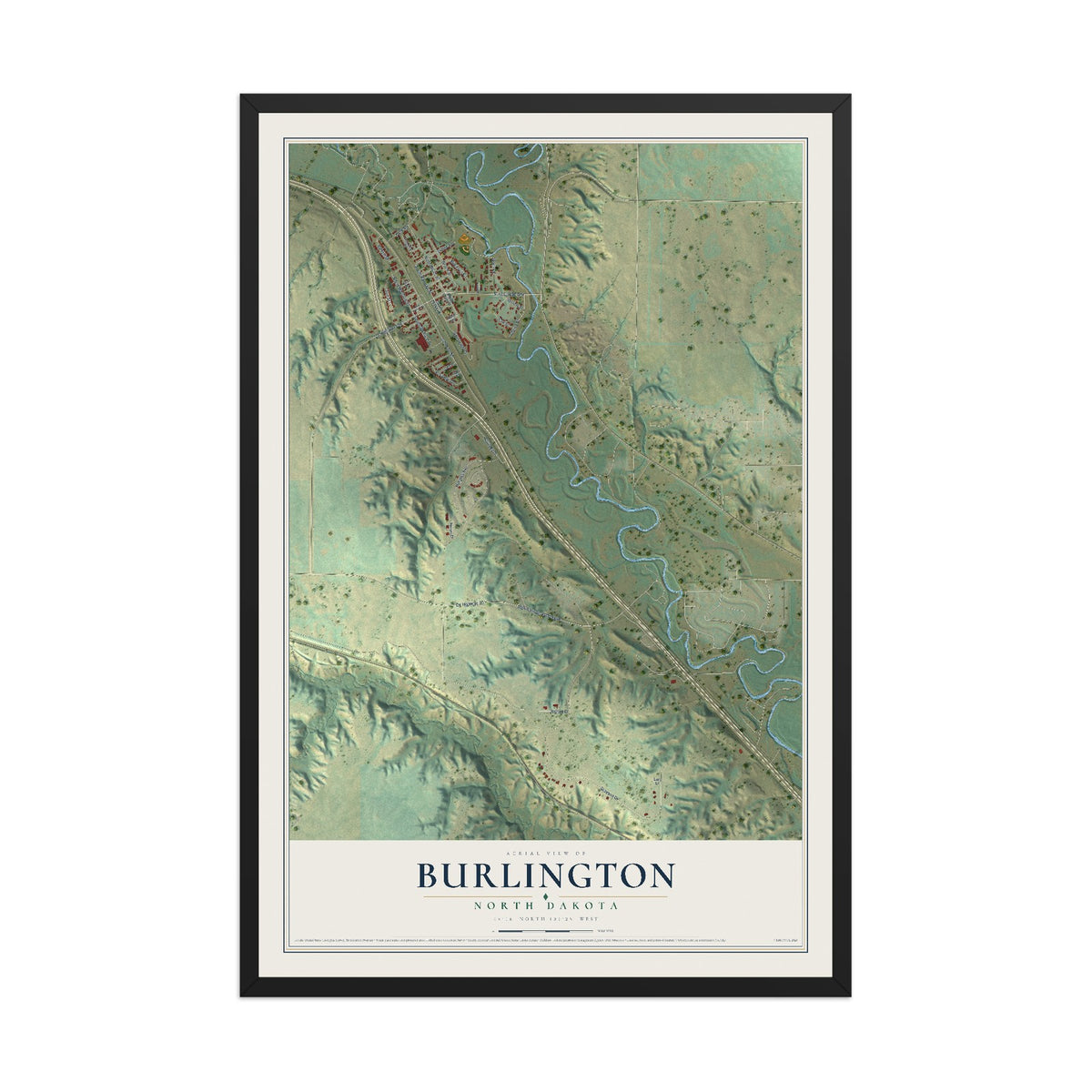 Map of Burlington, North Dakota, 12 x 18 inch print in a black wood frame