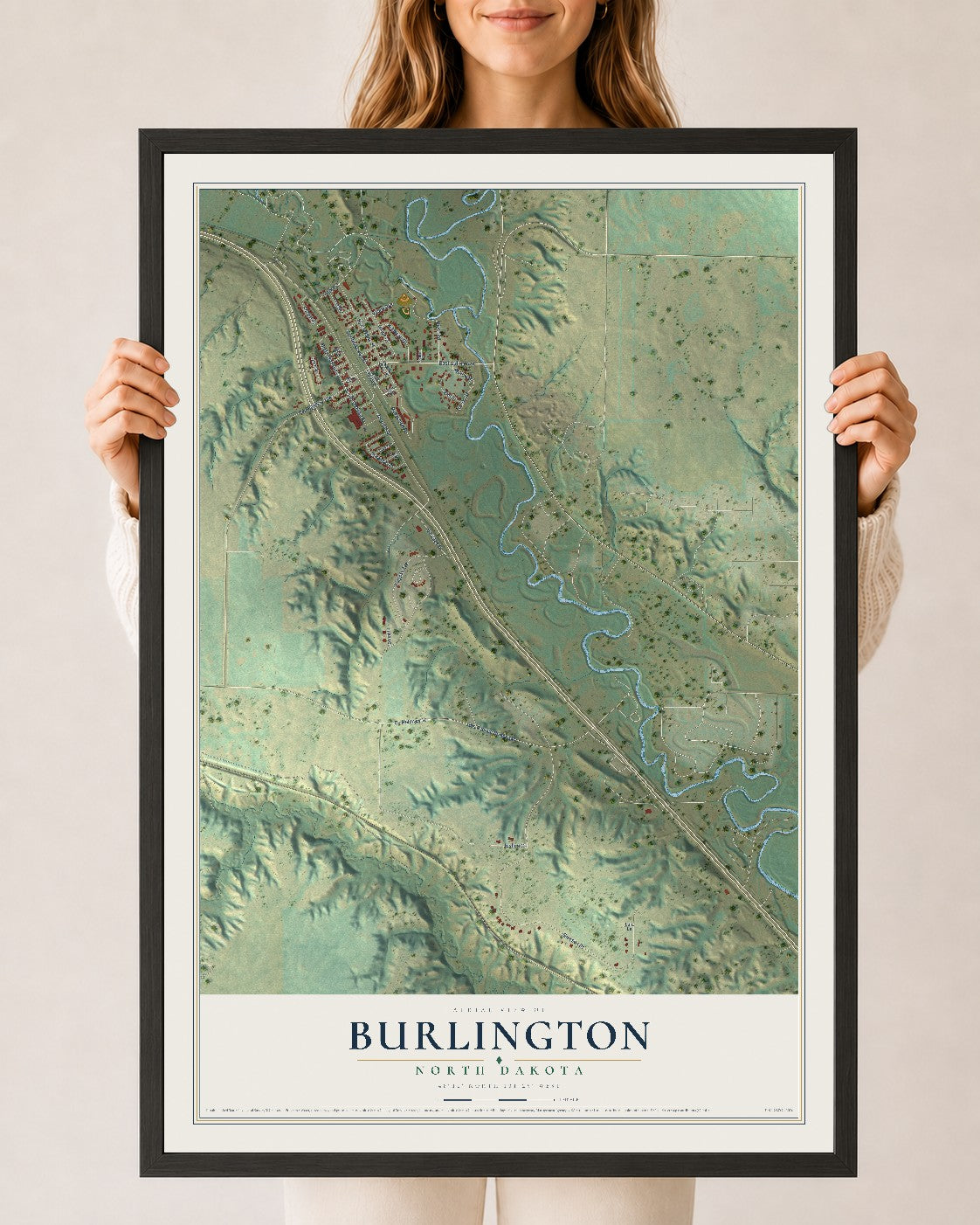 Map of Burlington, North Dakota, 24 x 36 inch print in a black wood frame