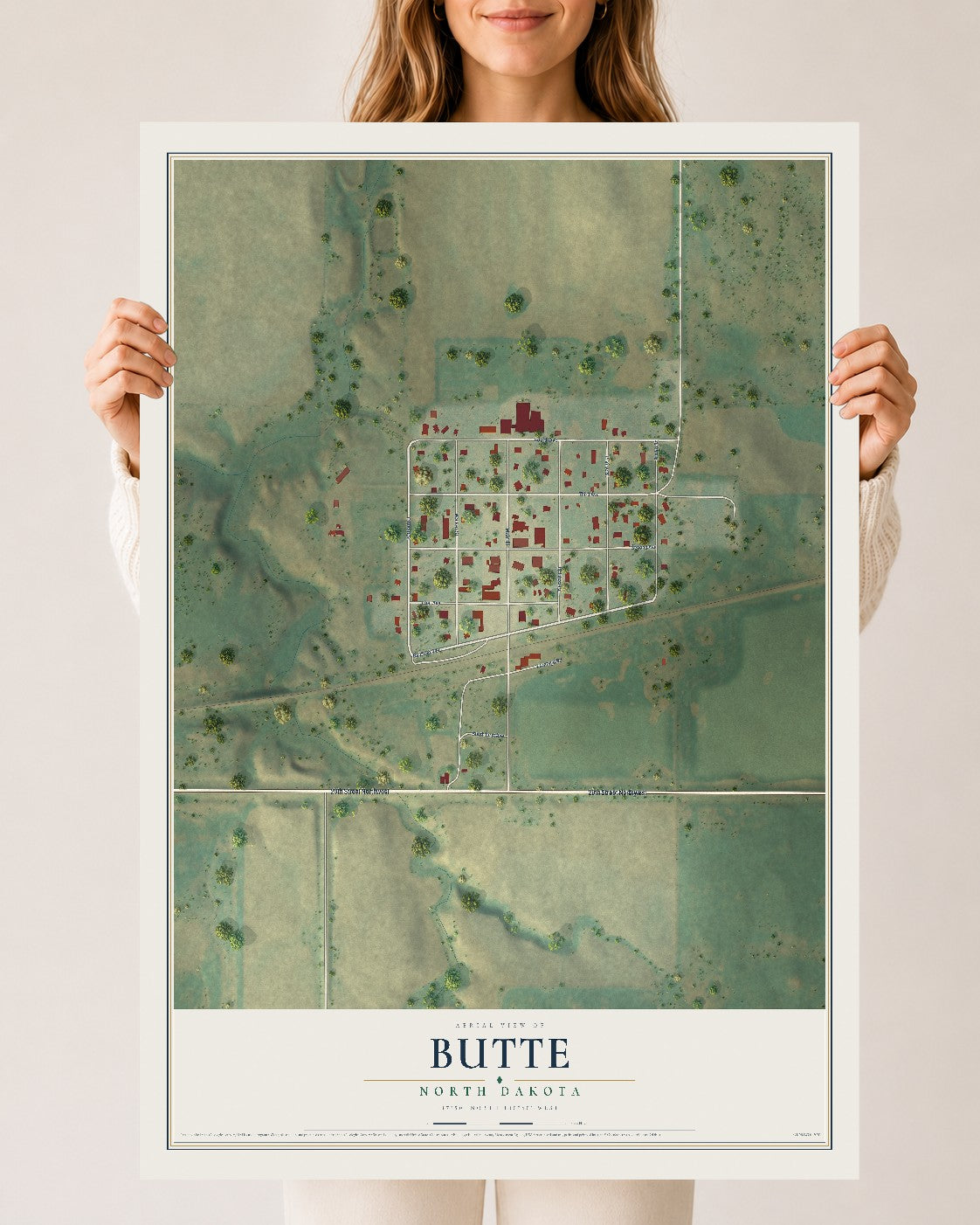 Map of Butte, North Dakota, 24 x 36 inch unframed archival matte print