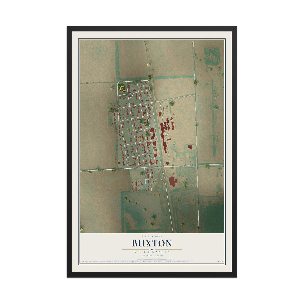 Map of Buxton, North Dakota, 12 x 18 inch print in a black wood frame