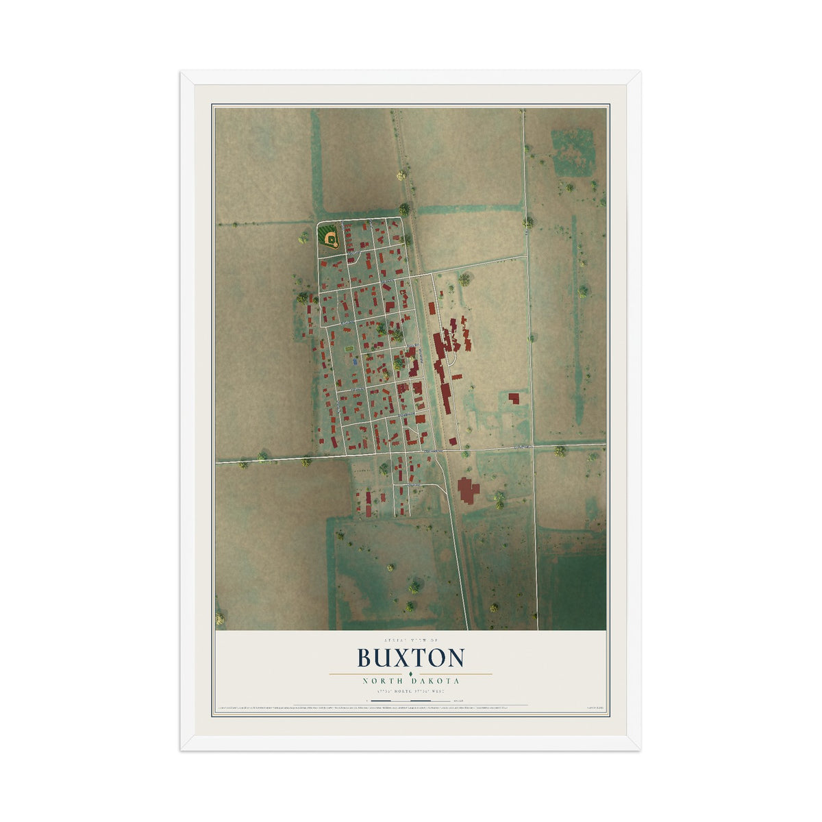 Map of Buxton, North Dakota, 12 x 18 inch print in a white wood frame