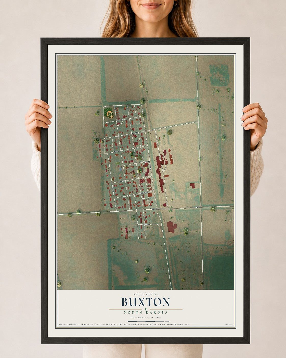 Map of Buxton, North Dakota, 24 x 36 inch print in a black wood frame