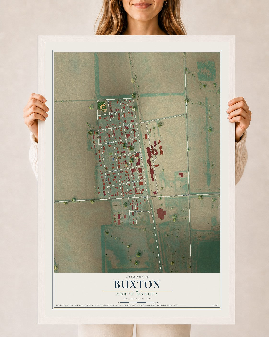 Map of Buxton, North Dakota, 24 x 36 inch print in a white wood frame
