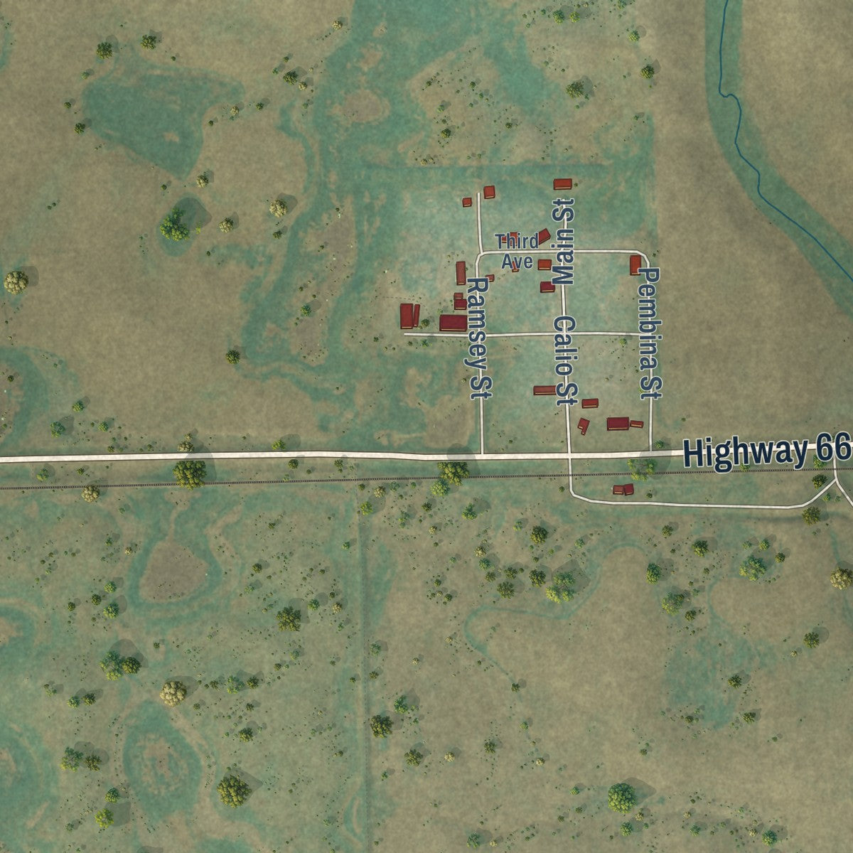 Close-up of the map of Calio, North Dakota print showing street and building detail