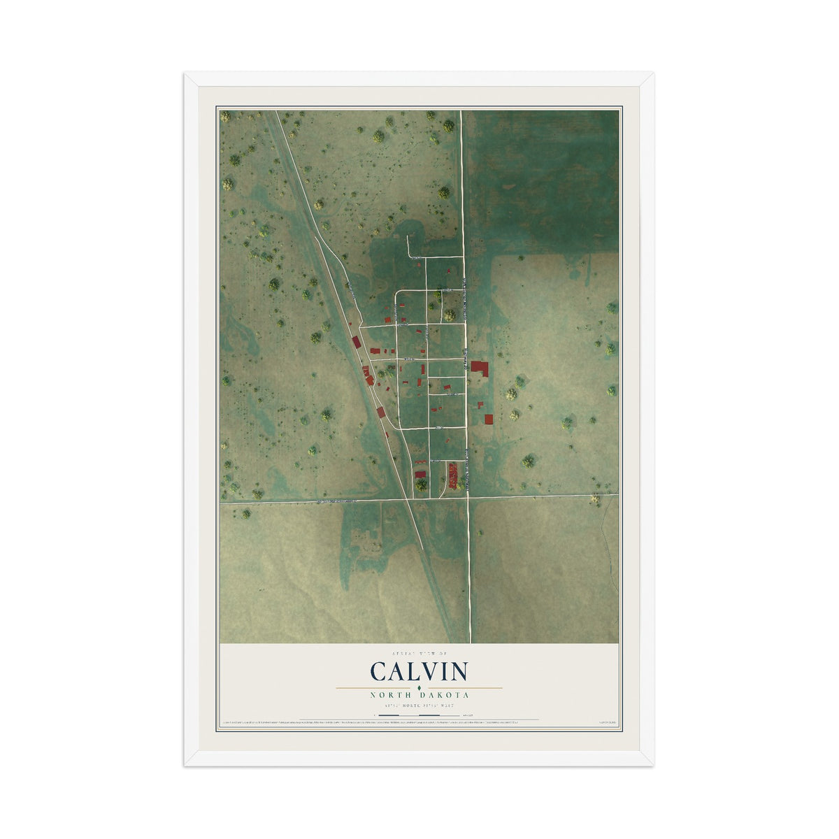 Map of Calvin, North Dakota, 12 x 18 inch print in a white wood frame