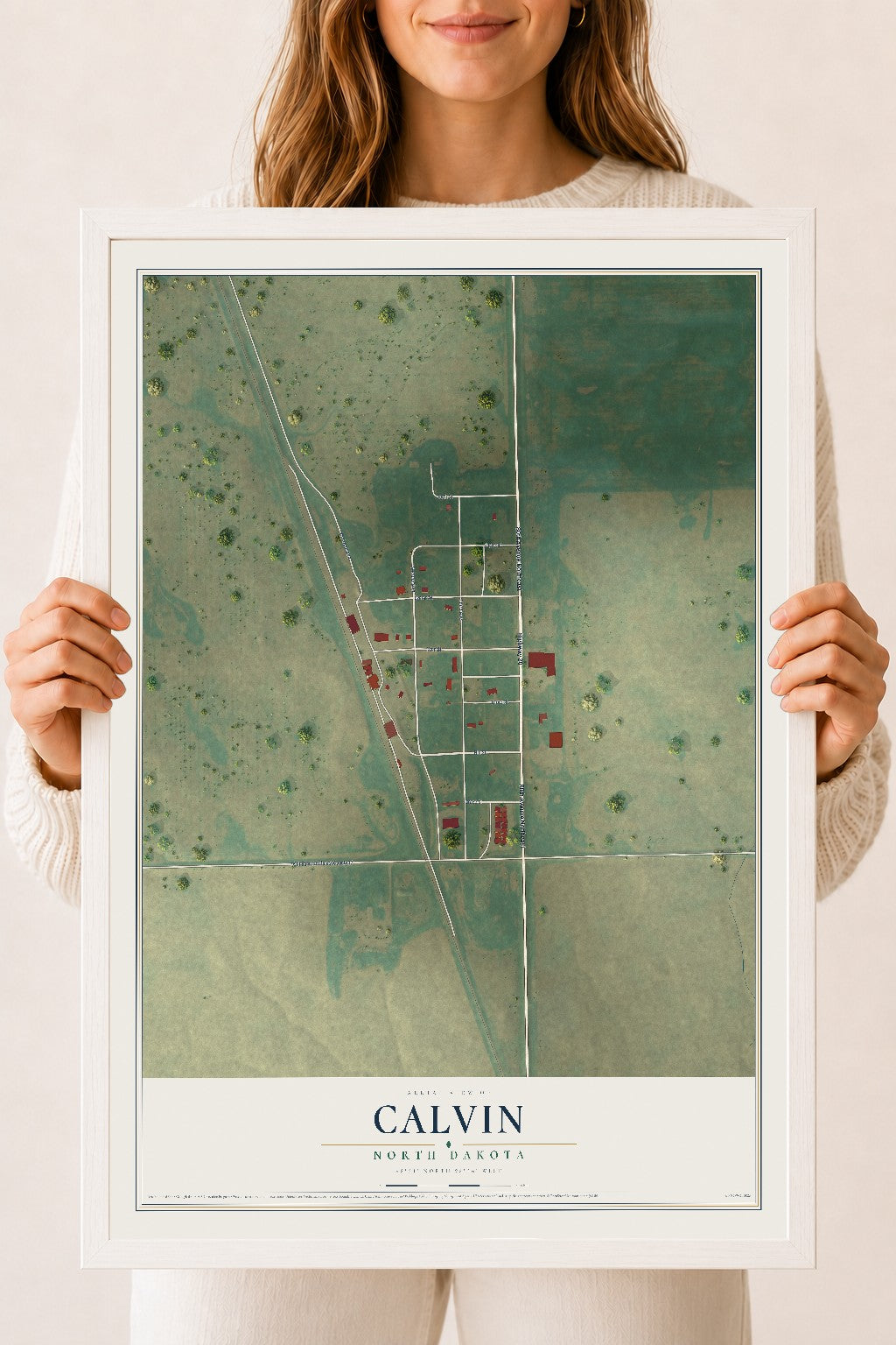 Map of Calvin, North Dakota, 18 x 24 inch print in a white wood frame