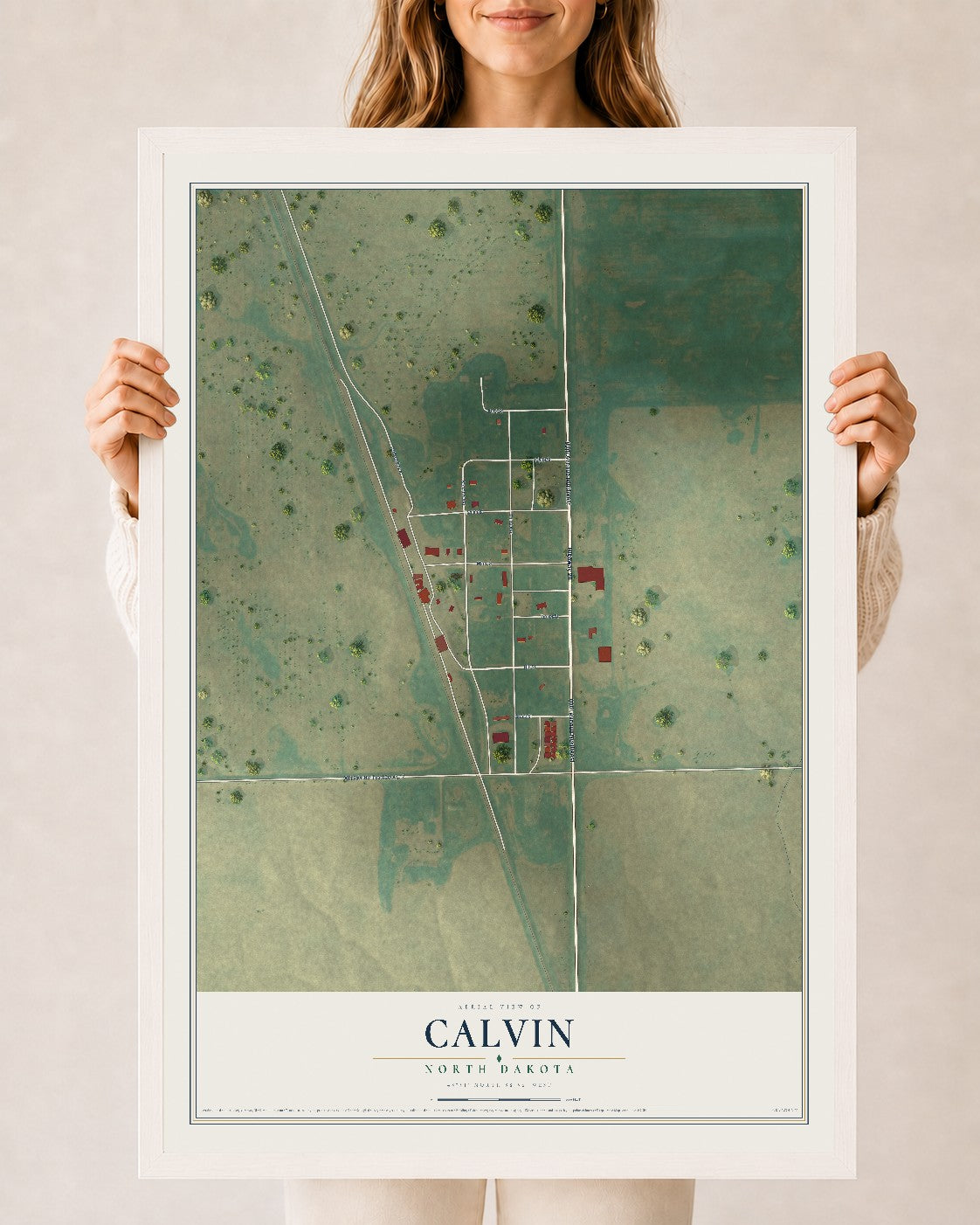 Map of Calvin, North Dakota, 24 x 36 inch print in a white wood frame