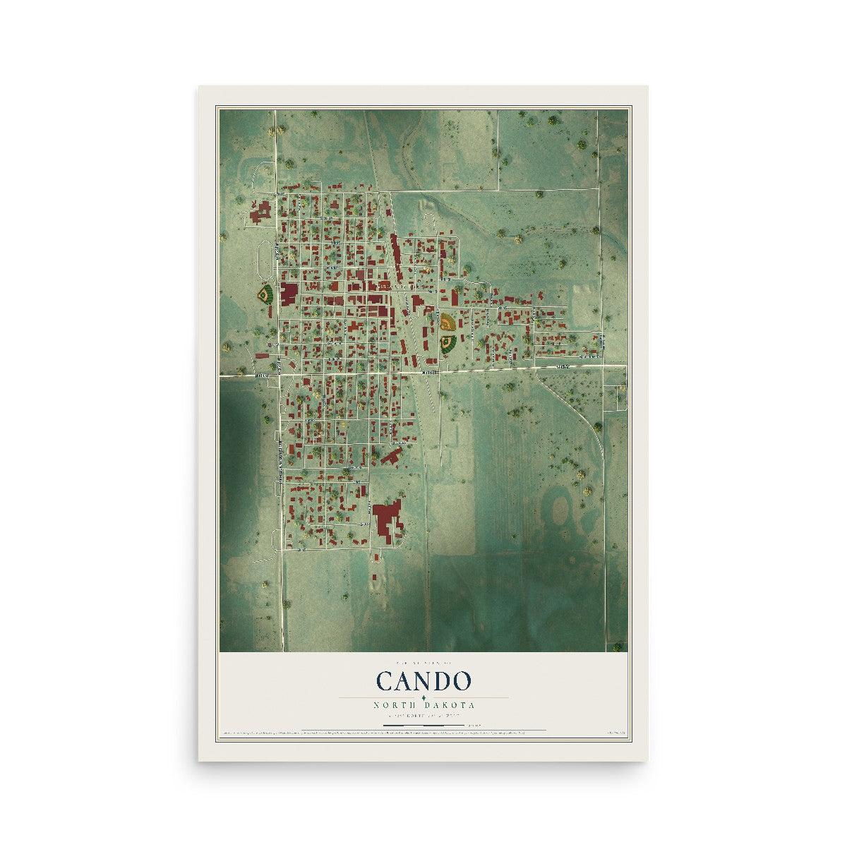 Map of Cando, North Dakota, 12 x 18 inch unframed archival matte print